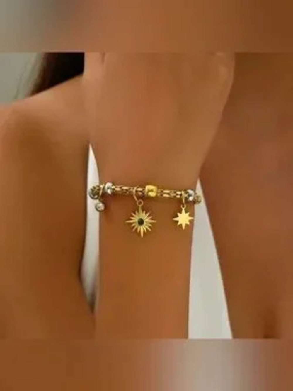 Gold Plated Stainless Steel Sun & Star Charm Bracelet Celestial Pendant Jewelry